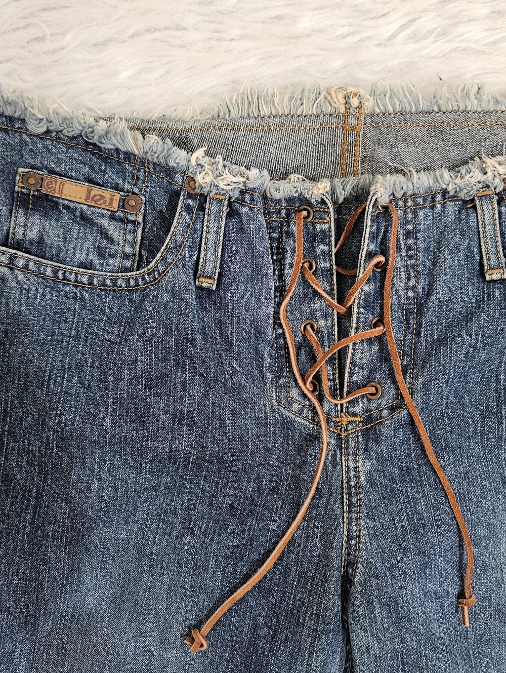 Vintage 90s Early 2000s Women’s Blue Flared Jeans with Lace-Up Waist - Picture 2 of 7